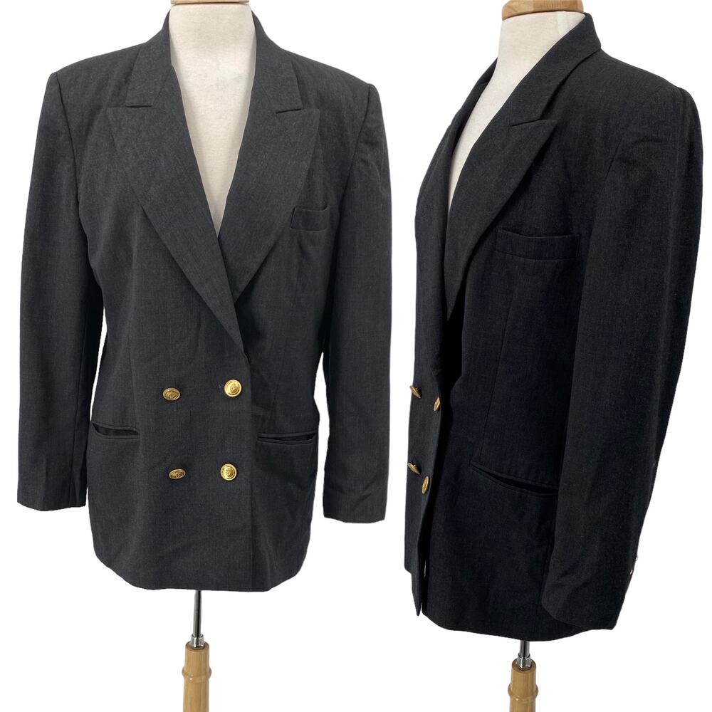 Vintage Talbots Wool Blazer Double Breasted Button Down Pockets Grey Womens 14